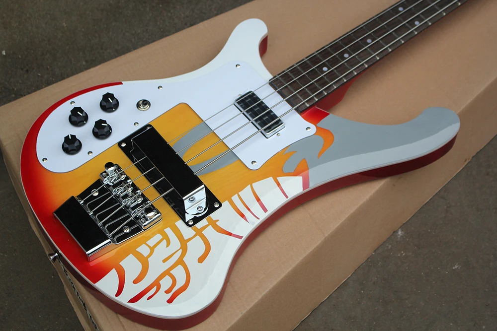 4 Strings Left Handed Electric Bass with Colorful Pattern Veneer,Rosewood Fretboard,Providing Customized Service