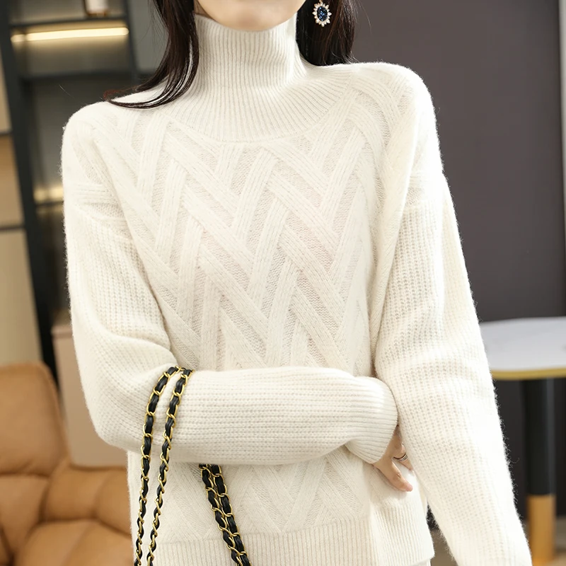 100%  Australian Wool Knitted Sweater Women High Collar Long Sleeve Cashmere Knitwear Winter New Fashion Thicker Female Jumpers