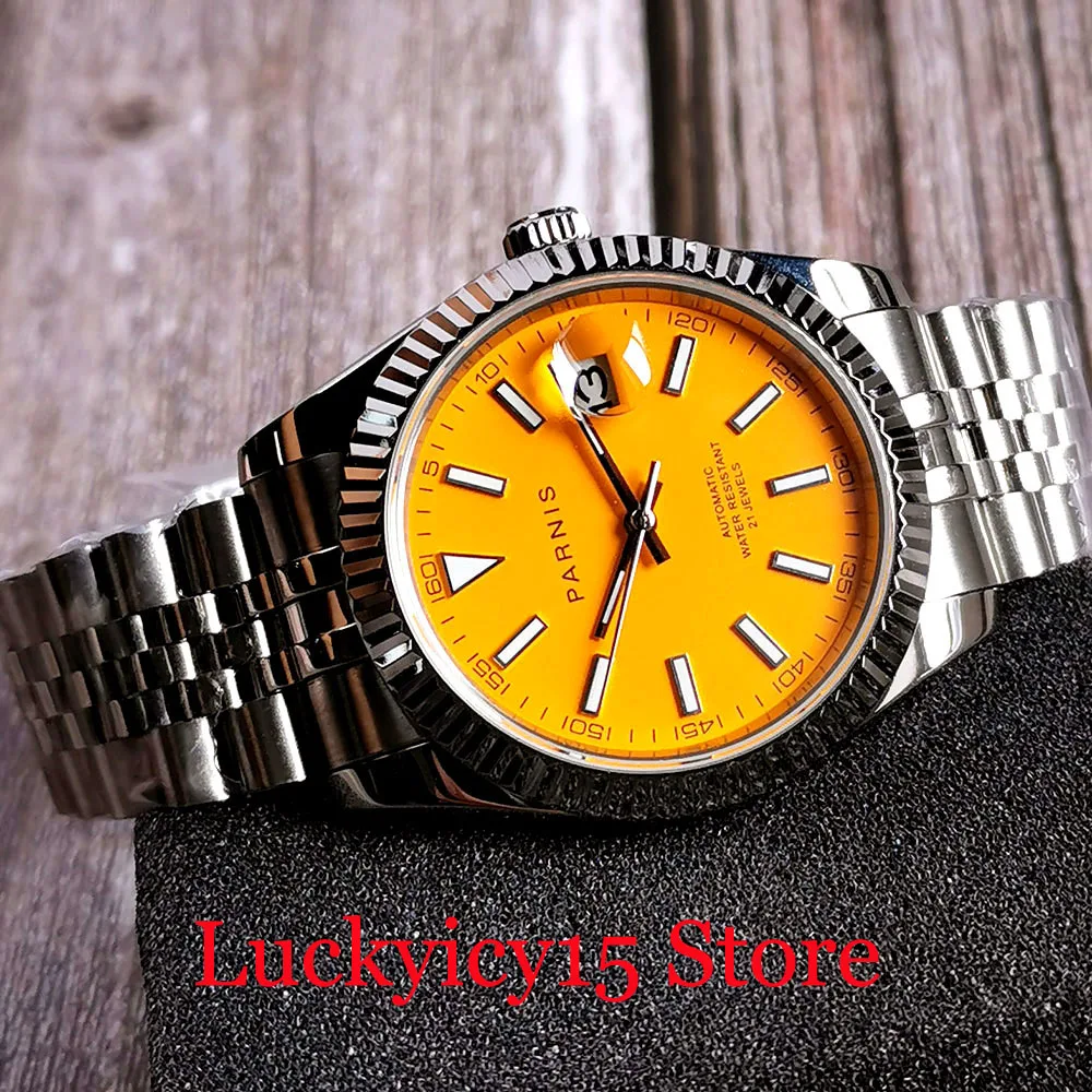 Parnis marca superior laranja dial relógio mecânico masculino jubileu pulseira de vidro safira data parafuso coroa 21 jóias miyota 8215