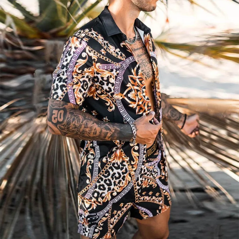 Men\'s Suit Short Sleeve Hawaiian Shirt + Shorts Large Summer Print Casual Blouses Beach Two-Piece Suit 2023 New Fashion Clothing