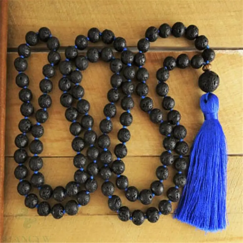 

8mm Lava Stone Tassels 108 Beads Mala Gemstone Necklace Wrist men Healing spirituality energy Buddhism Handmade Tassel pray Yoga