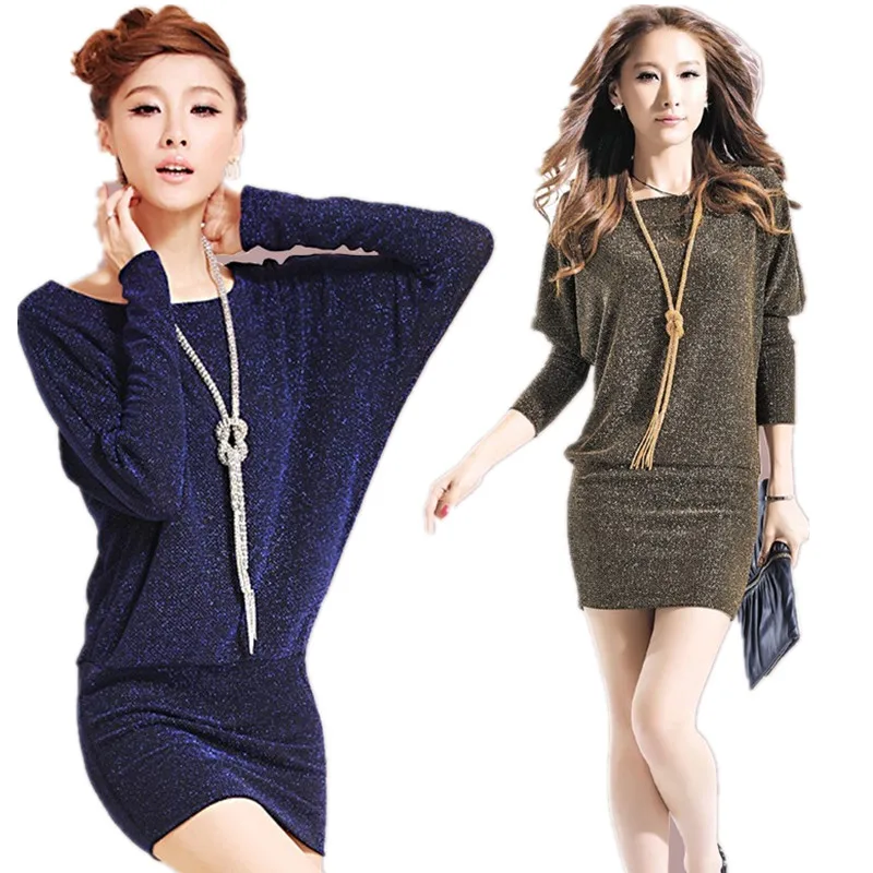 Autumn Sexy Dress For Women Batwing Long Sleeve Shinny A-line Mini Loose Dresses O-neck Party Vestidos Female L8079