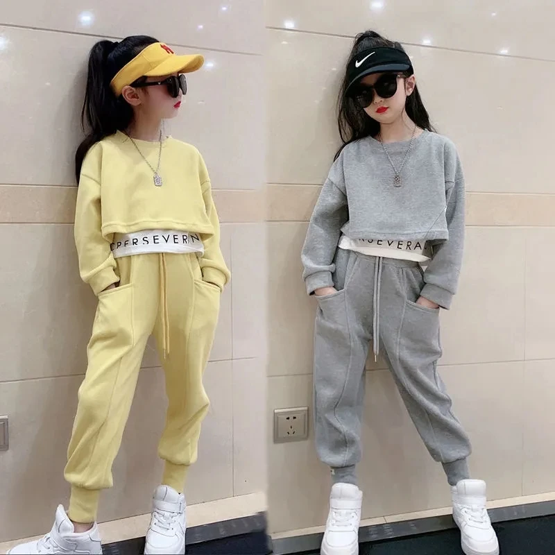 

2024 autumn teenager Gray girls Sport Suit Clothes Long Sleeve Top sweatshirt & Legging Pants 6 7 8 9 10 11 12 Years Child set