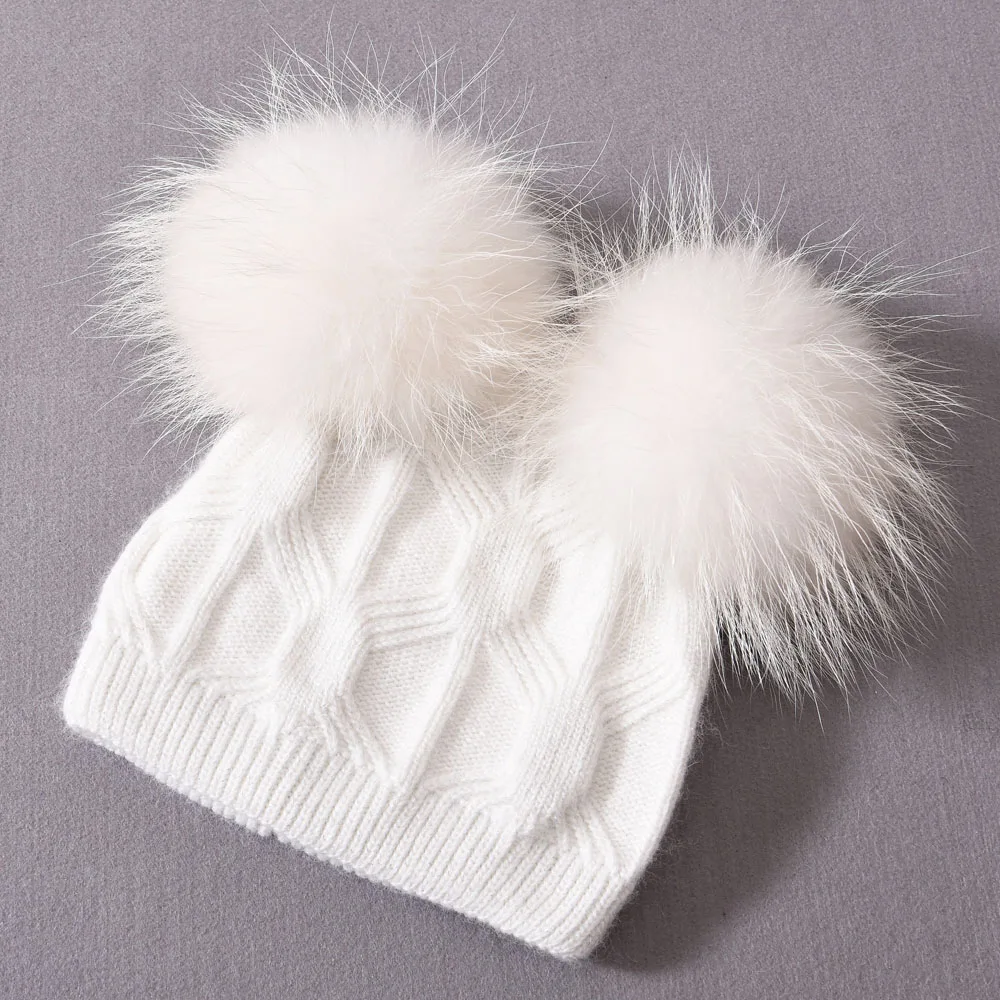 Winter Baby Cute Beanie Hats Thick Warm Double Layer Fluffy Fur Pom Pom High Quality Cashmere Knitted Beanies Hats Kids Children