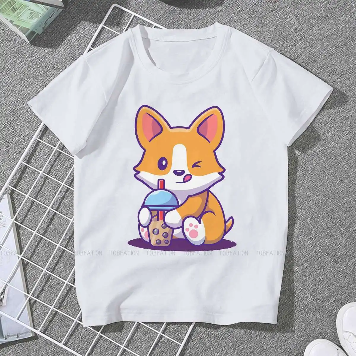 Boba Corgi Milk Tea Gift Women Clothing Bubble Tea Lover Female Tshirts Vintage Grunge Loose Tops Tee Kawaii Girls Streetwear