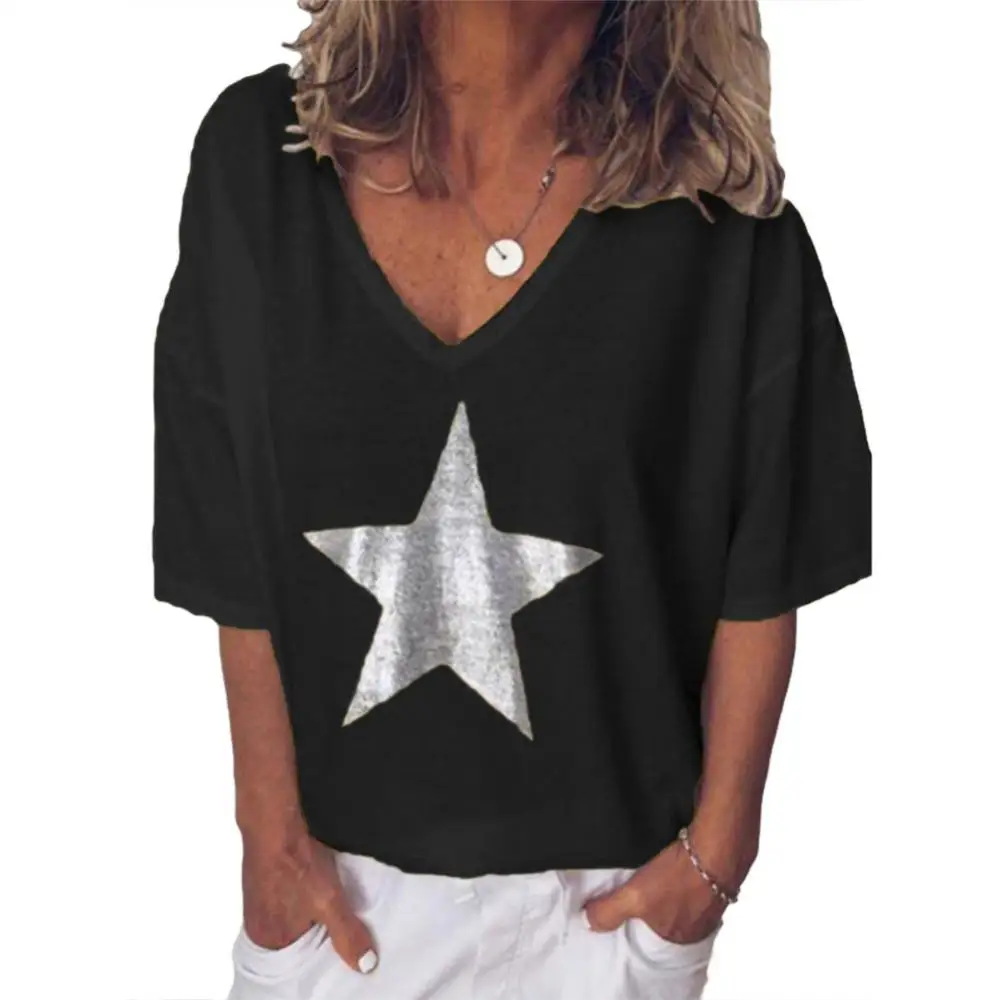 Plus Size 5XL Woman tshirts Star Print Summer Short Sleeve T shirt Women V Neck Loose Tee Tops femme t-shirts mujer camisetas