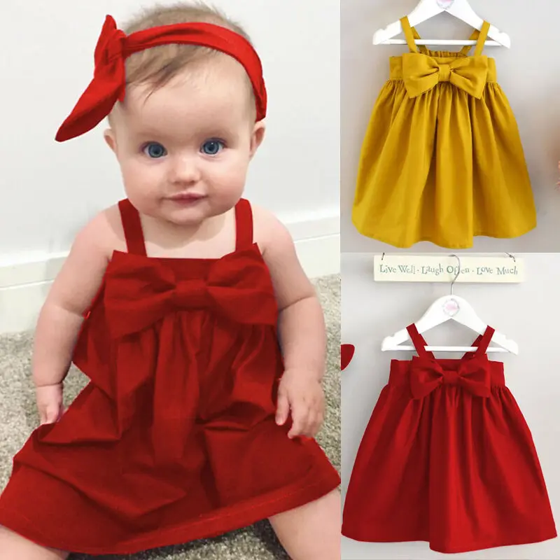 Newborn Baby Girls Toddler Kid Summer Sundress Solid Color Sleeveless Bowknot Short Mini Dress Sunsuit Dress