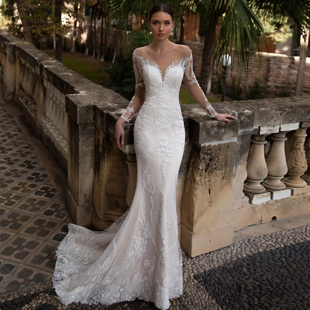 Elegant Mermaid Wedding Dresses Netting Appliques Crystal V-Neck Full Sleeve Covered Button Bridal Gowns vestidos de novia robe