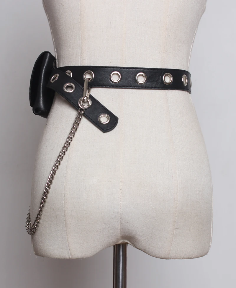 Punk New Silver Pin Buckle Tassel Chain Belt Black Faux Leather Hollow Rivet Waist Strap HOT Small Phone Pouch Bag Bar Girl Jean