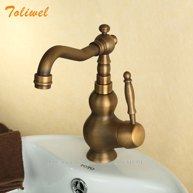 Ottone antico Singola Maniglia Rubinetto Del Bagno Lavabo Vessel Sink rubinetto Del Bacino Miscelatore rubinetto Girevole Beccuccio Calda E Fredda Acqua di rubinetto 2110961L