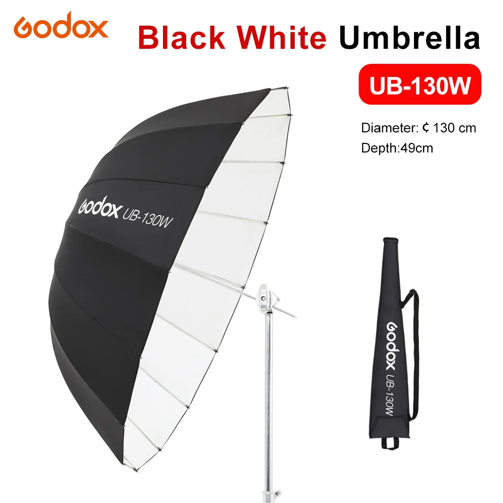 Godox UB-130W 51in 130cm Parabolic Black White Reflective Umbrella Studio Light Umbrella with Black Silver Diffuser Cover Cloth