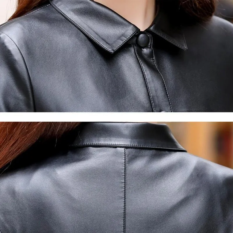 Long Leather Jacket Women Fall 2023 Fashion Plus Size Coat Sheepskin Turn-down Collar Full Sleeve Female Faux Leather Jackrts