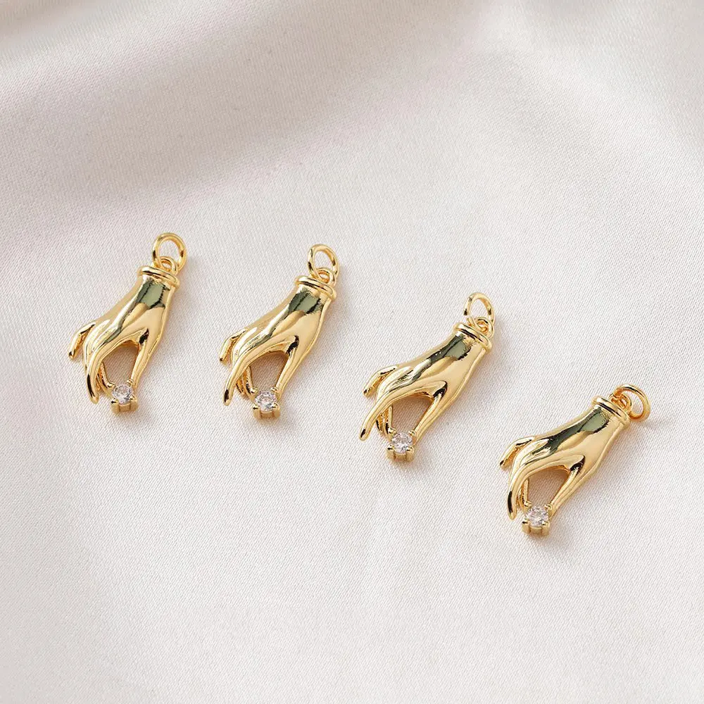 2PCS 14k Gold Plated Hand Shape Pendant Rhinestone DIY Earrings Charms for Jewelry Findings Making Supplies Brass Accessories