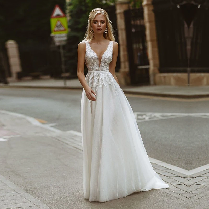 vestidos de novia bohemios con cuello en V, Apliques de encaje, línea A, tul, vestido de novia sencillo para playa