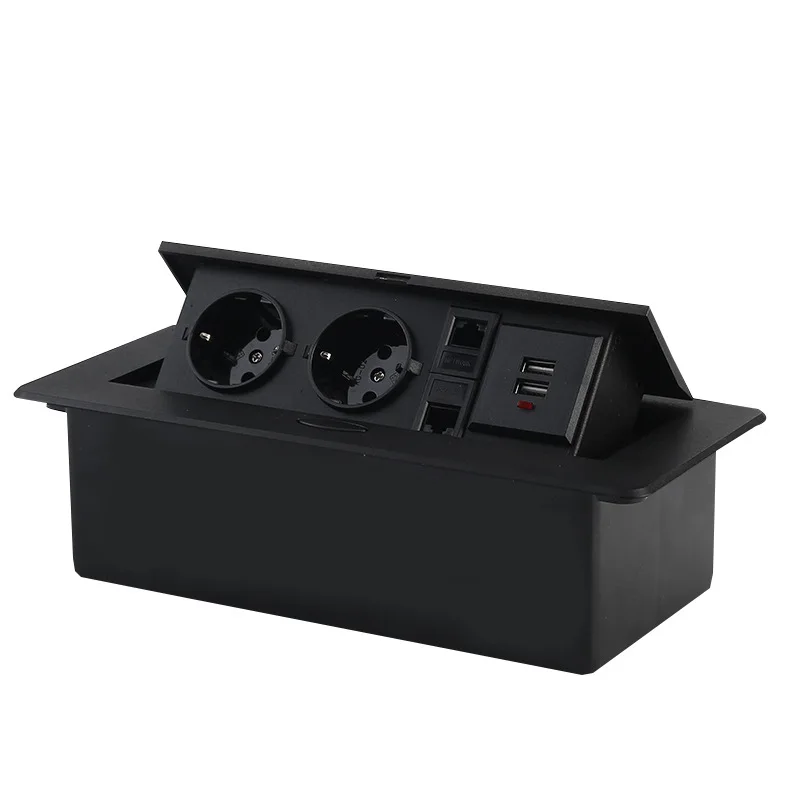 

Embedded Desktop Socket 2EU Socket USB 2RJ45 2USB Aluminum Alloy Panel Pop-up Cover Electrical Socket