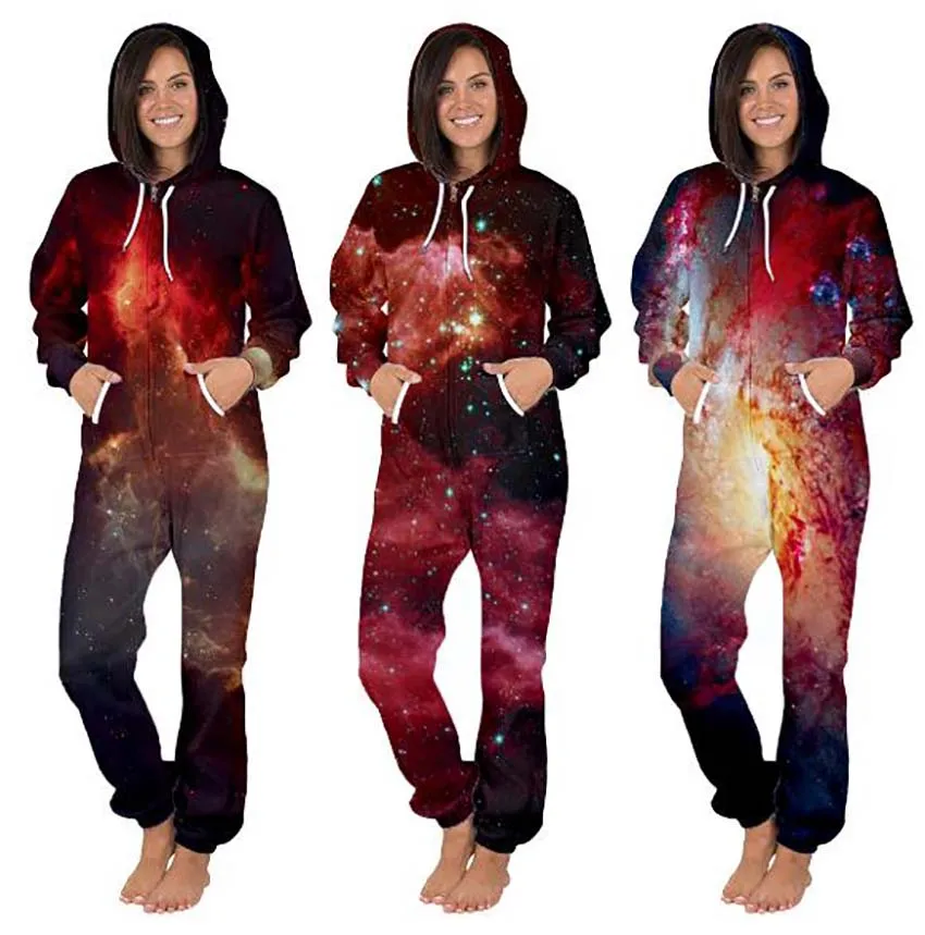 Women\'s Galaxry Onesie Jumpsuit Unisex 3D Digital Printing Stylish Loose Zipper Casual Hooded Sleepwear Playsuit Outwear Clothes