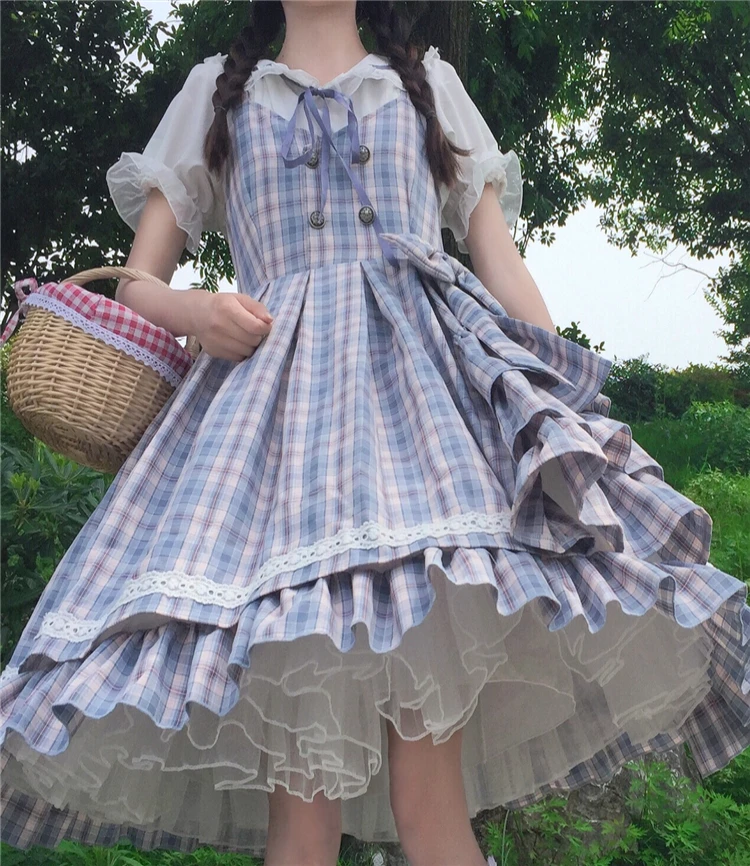 Sweet lolita dress vintage  bowknot plaid jk uniform high waist princess victorian dress kawaii girl gothic lolita cosplay loli