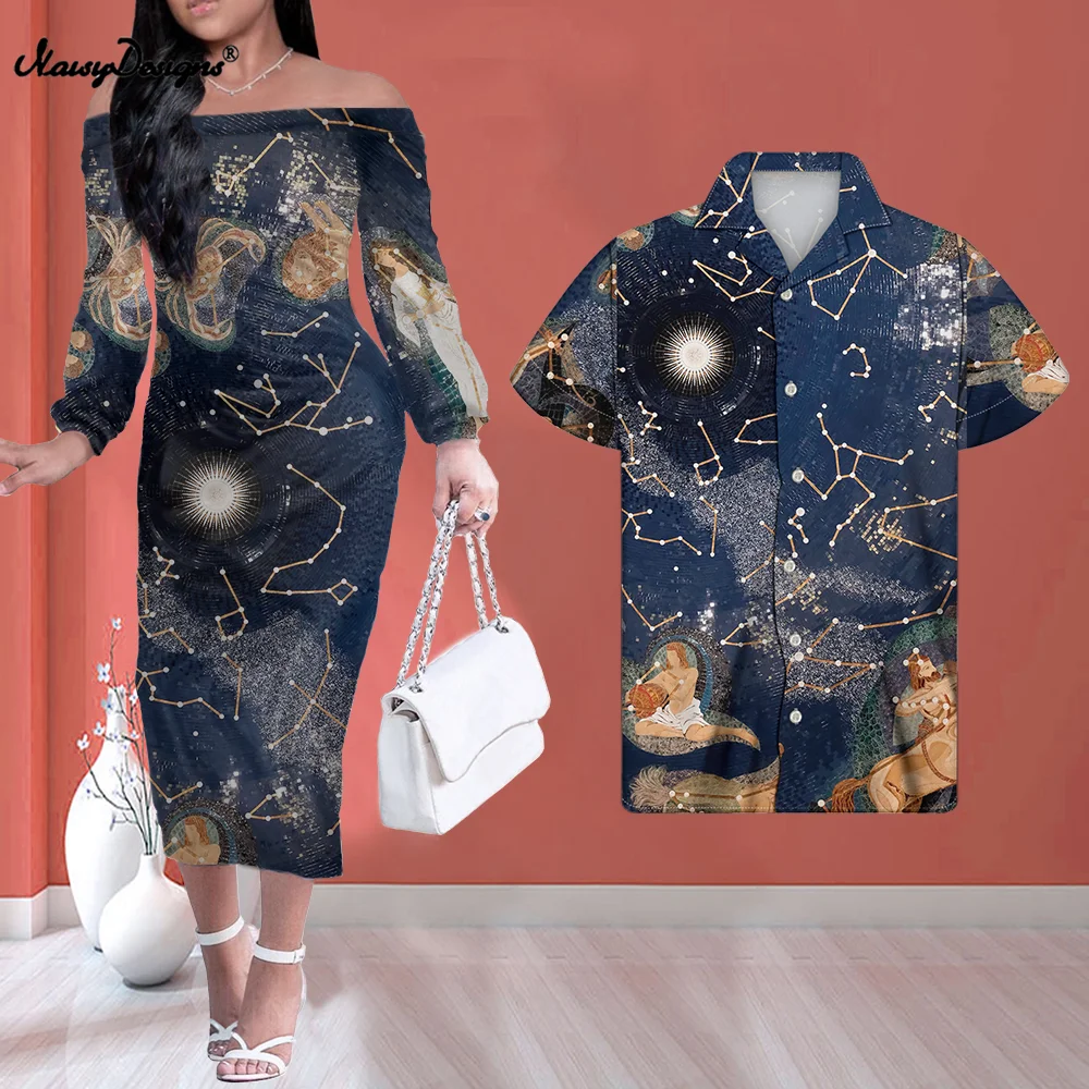 Noisydesigns Constellation Prints Women Long Sleeve Dress Couple Shirt Lady Party Off Shoulder Ruffles Bodycon Fall Summer 2022