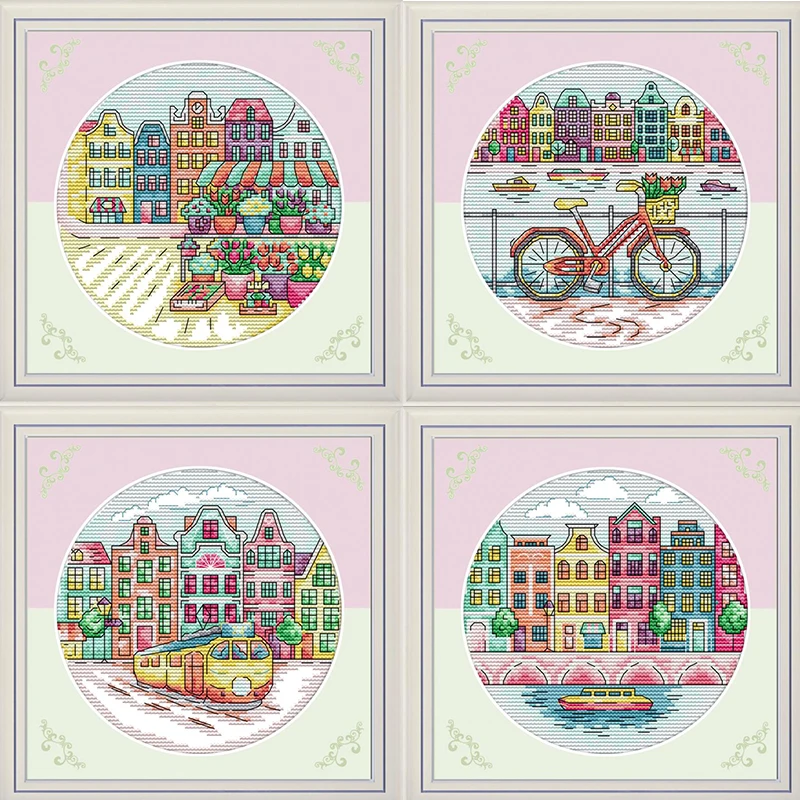 

Joy Sunday Cityscape series of cross stitch14CT DMC printed canvas scenery patterns cross stitch embroidery DIY Kits Home decor