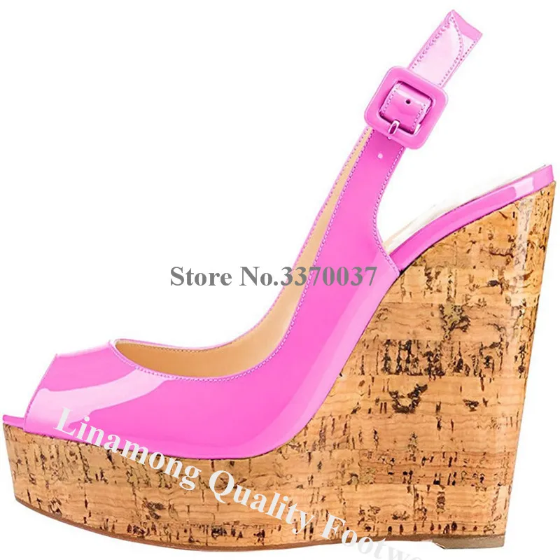 Linamong Westlichen Mode Peep Toe Hohen Plattform Keil Sandalen Rot Grau Rosa Patent Leder Keile Höhe Erhöht Kleid Schuhe