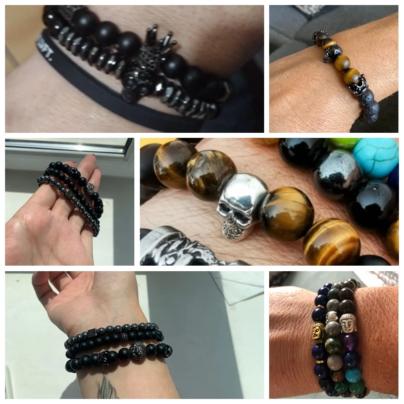 Schädel Armbänder Für Männer Frauen Natürliche Stein Tigerauge Armband Malachit Labradorit 8MM Perlen Stretch Armreifen Punk Schmuck – Detail 4