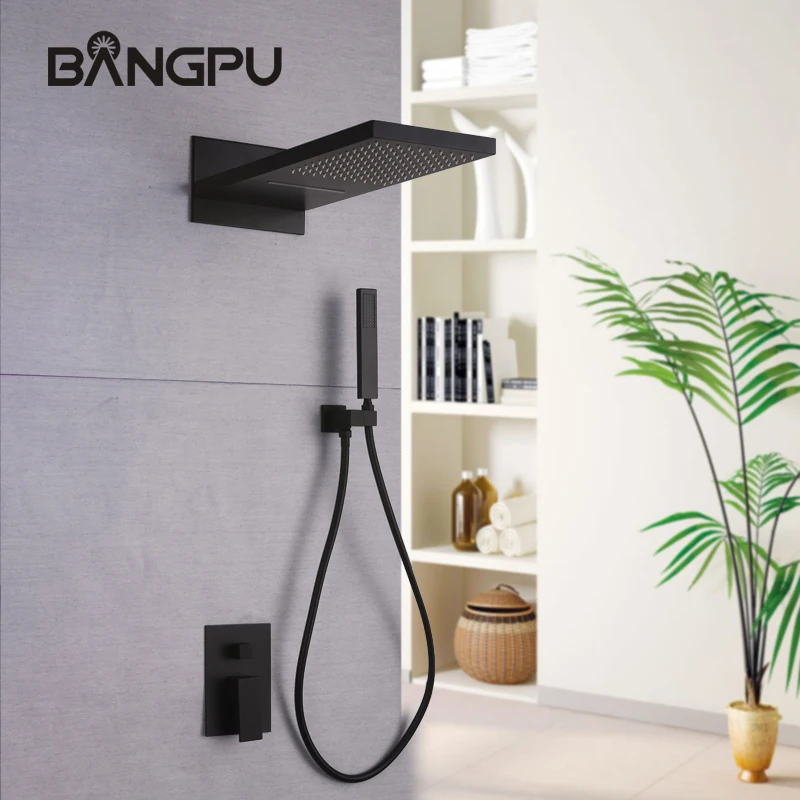 BANGPU Wall Mounted Shower System With Handheld Shower Set Black Mlitfunction Shower Head Rainfall Shower Head Solid Brass