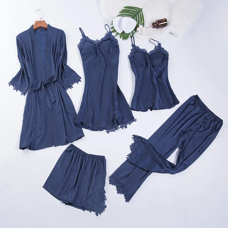 V-Neck Nightgown Sleep Set Navy Blue Womens Nightwear Lace Pajamas Strap Sleepwear Robe Gown Lounge Sleeveless Nighties