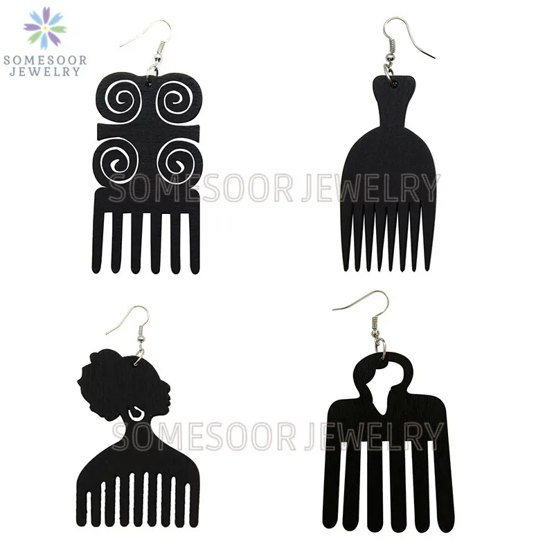 SOMESOOR 4 Styles Colorful African Comb Wooden Drop Earrings Engraved Afrocentric Ethnic Wood Dangle Jewelry For Women Gifts