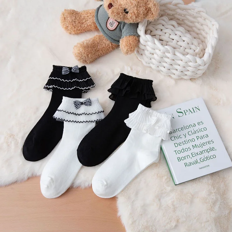 Nette Lolita Socken Frauen Rüschen Rüschen Koreanische Stil Bowknot Spitze Süße Reizende Weiche Mädchen Mesh Reine Baumwolle Socken Prinzessin JK uniform