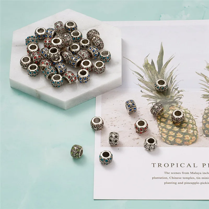 50pcs Alloy Rhinestone Beads European Beads Rondelle Mixed Color Large Hole Beads with Leaf for Jewelry Making 9x7mm Hole:5mm