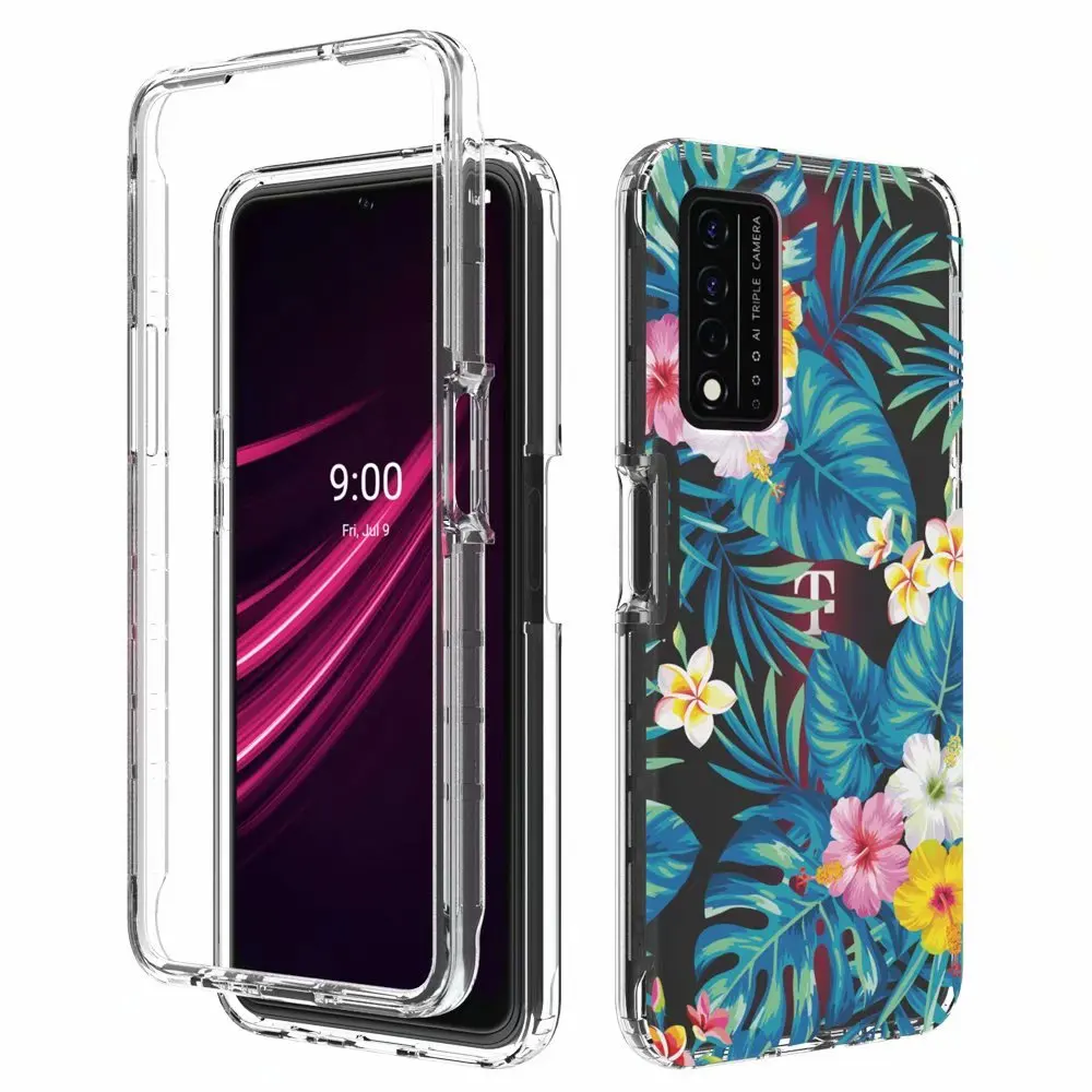 Floral Flower Pattern Clear Full Body PC+Silicone TPU Shockproof Protective Case For T-Mobile REVVL V+5G