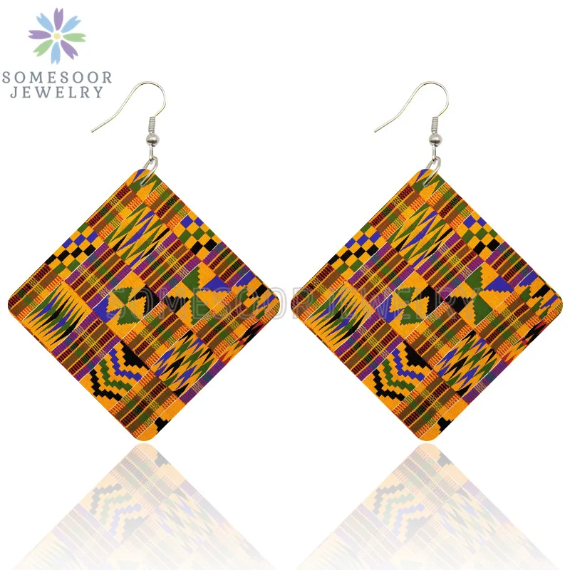 SOMESOOR African Fabric Print Geometric Wooden Drop Earrings Bohemian Tribal Ethnic Square Wood Dangle Jewelry For Women Gifts