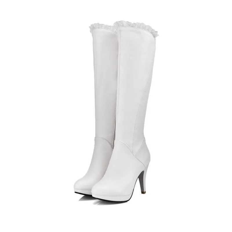 winter The New fashion Round head Thick heel 10CM Knight boots white Lace Sexy Plus velvet Keep warm High heel Women boots 34-43