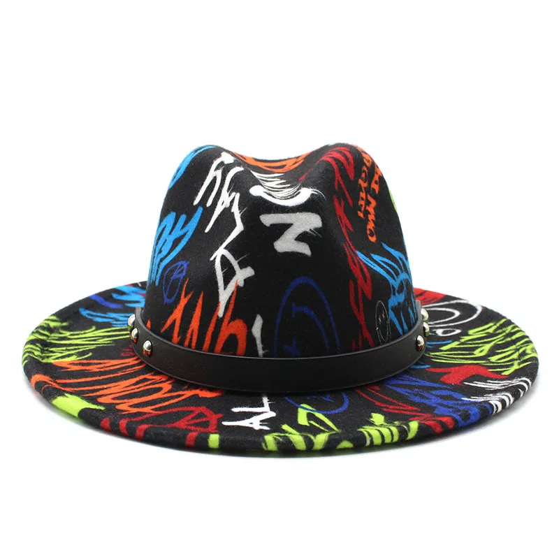 Tie-dye hat fedora hat clown pattern flat brim jazz big brim hip hop fashion stage brim graffiti 3D jazz hat кепка мужская