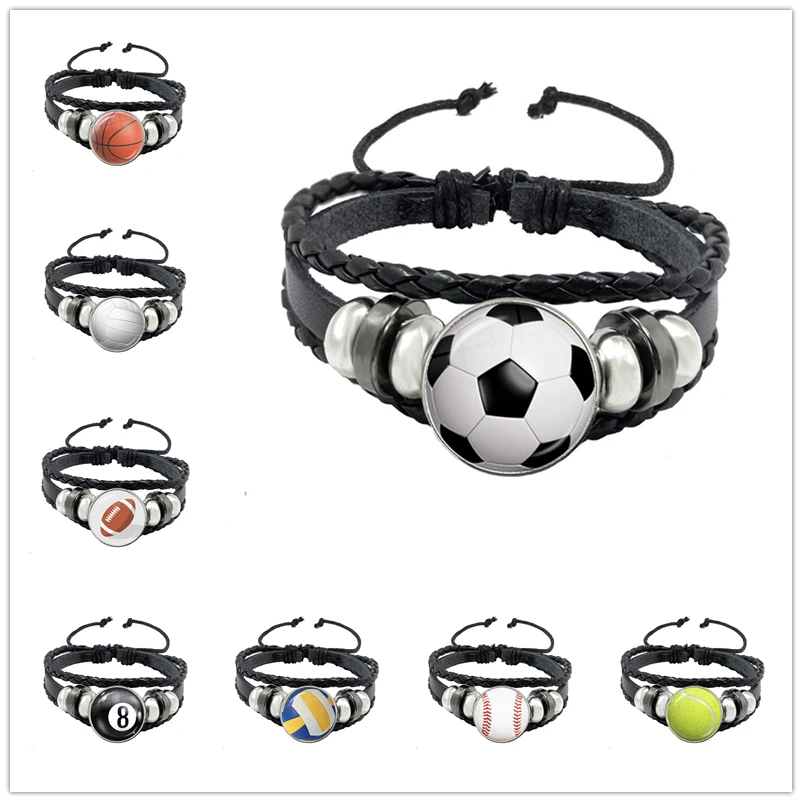 Soccer Basketball Volleyball Glass Alloy Button Bracelet Punk Multilayer Braided Leather Bangle Football Sport Lover Gift