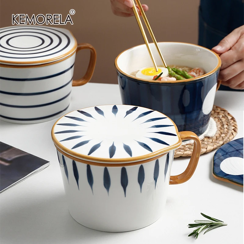 Ceramic Instant Noodle Bowl With Handle And Lid Home Ramen Bowl Salad Japanese-Style Tableware Creativity Instant Noodle Bowl