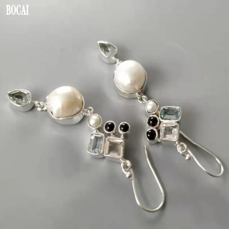 

BOCAI New Nepalese 925 Silver Woman Earrings 2021 Trend Handmade Baroque Pearl Natural Crystal Earrings for Woman