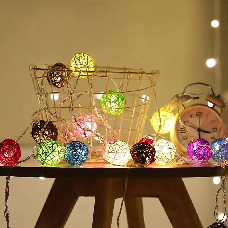 20 Rattan Balls LED String Lights Battery Garland Cotton Ball Light Chain Guirlande Lumineuse Holiday Christmas Lights Balls