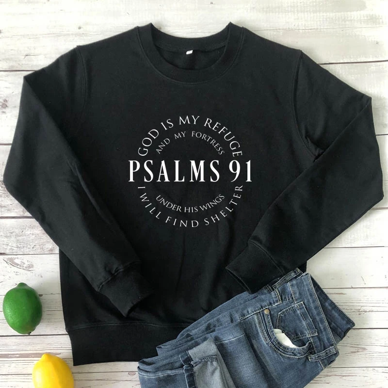 Psalm 91 100% Cotton Sweatshirt Women Long Sleeve Scripture Christian Bible Verse Pullovers Outfits