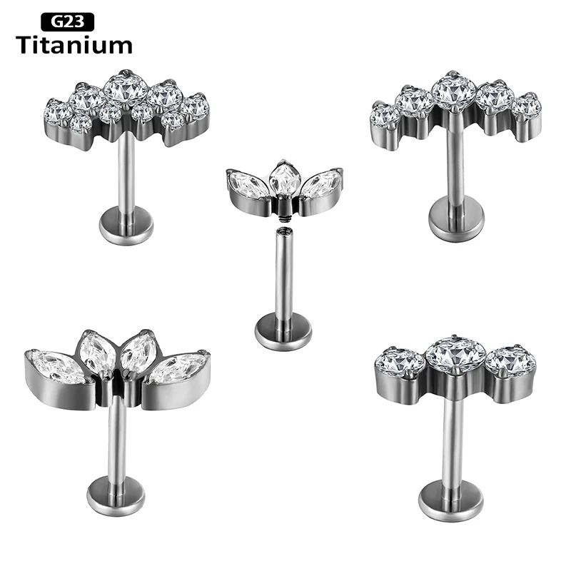 F136 Titanium Ear Piercing Ring Lobe Internal Thread CZ Labret Lip Ear Bar Cartilage Earring Nail Tragus Stud Body Jewelry 16G