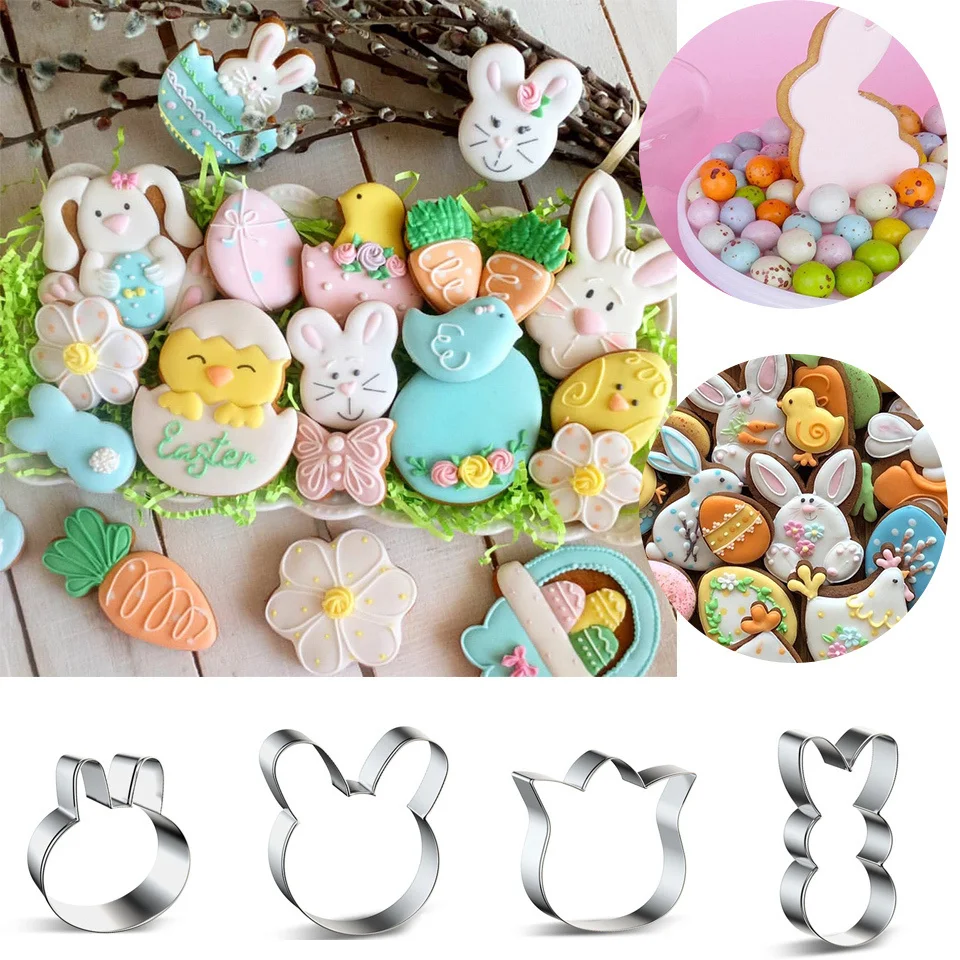 1pc Stainless Steel Cookies Mold Rabbit Carrot Flower Egg Shape Biscuit Cutter Tools for Easter Party Decoration Kids DIY Craft