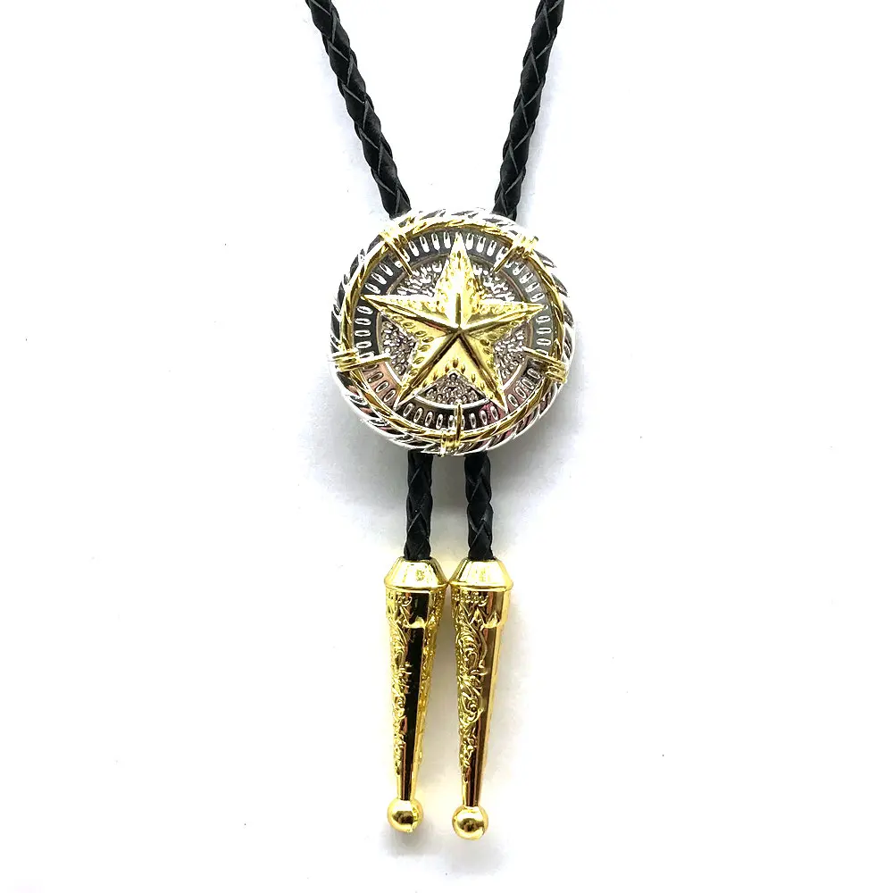 Western bolo Tie Texas five-pointed star two-color plating  Alloy Leather Collar Rope Personalized Suit Clothing Accessories