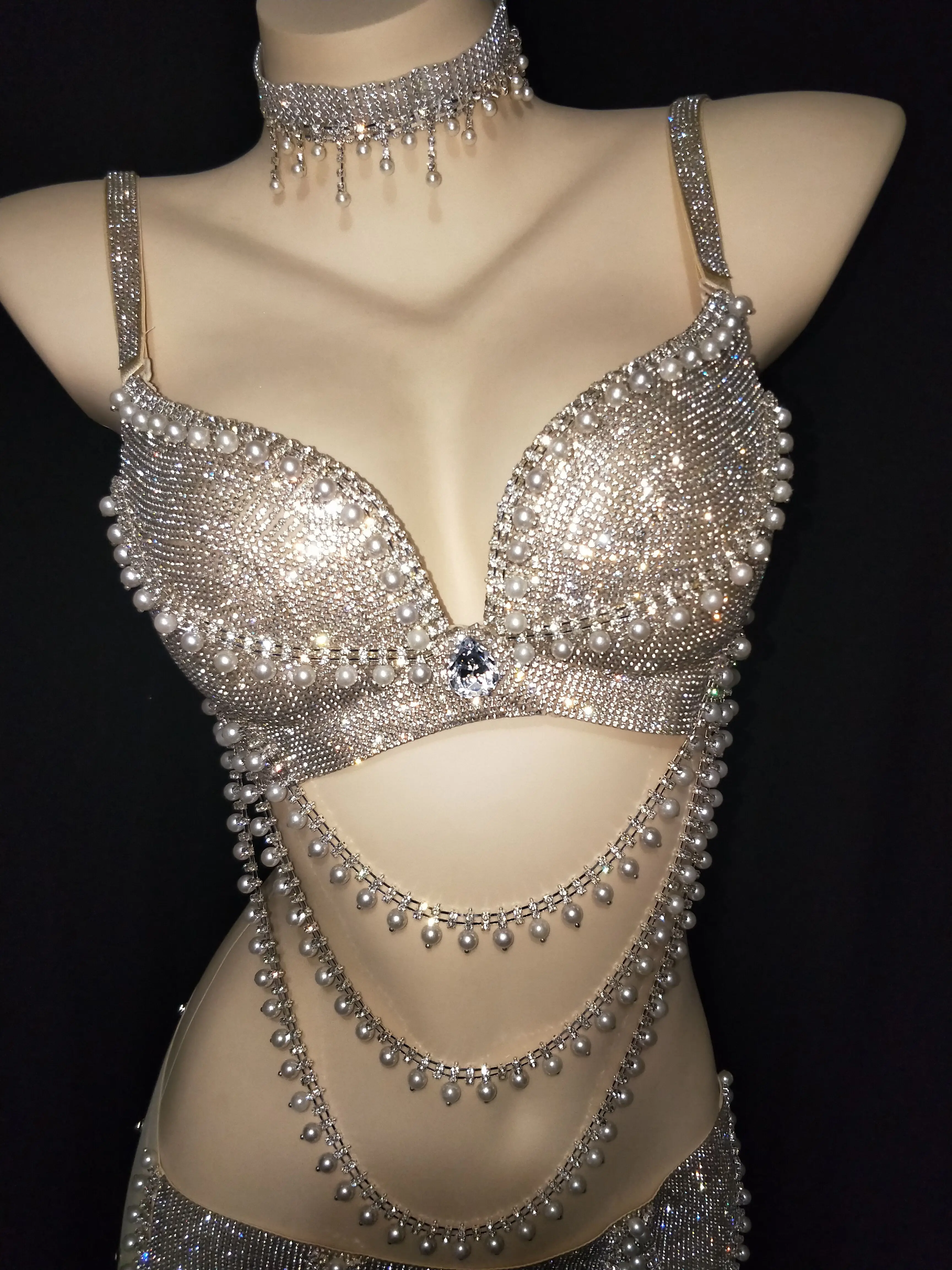 Bright Silver Stones Pearls Chains Bikini Outfit Set Prom Party Bikini Sexy Costume DJ Women Singer Dancer Show Bra Short Set