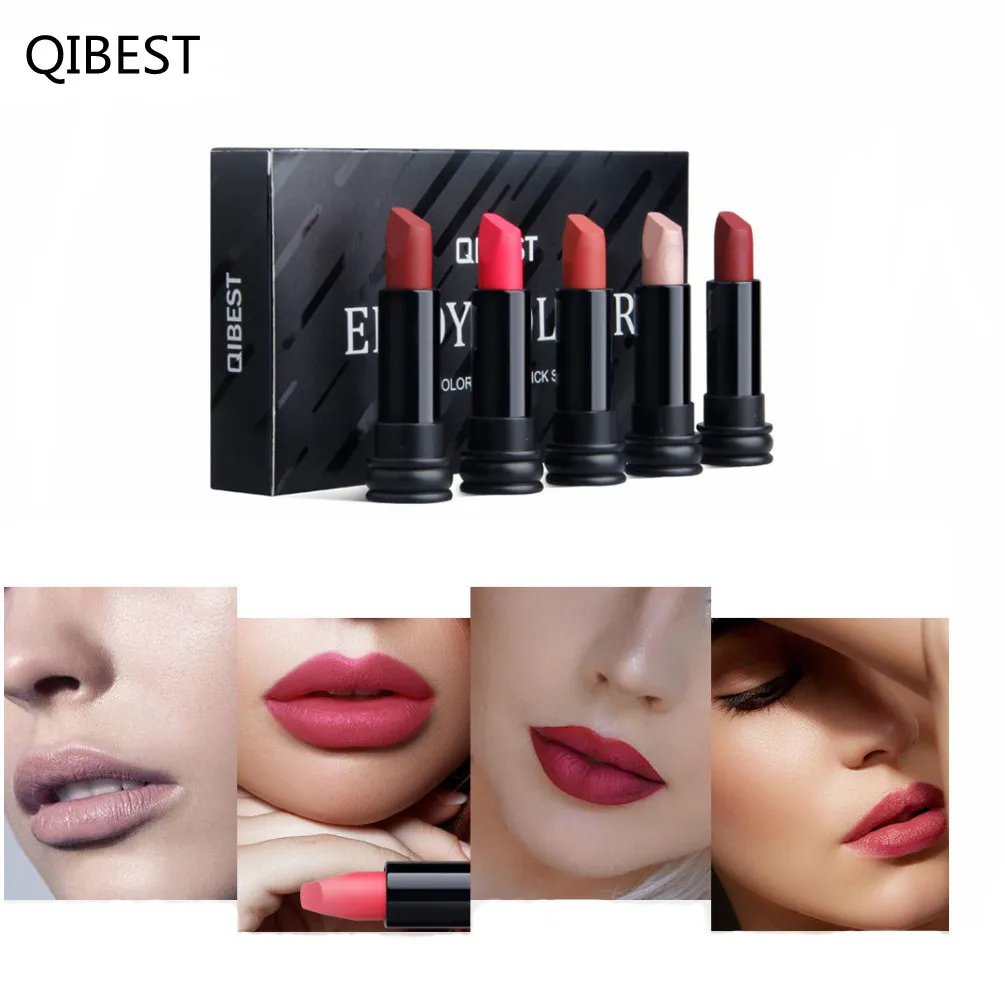 Qibest 5Pcs Vrouwen Mode Sexy Matte Fluwelen Lipstick Set Moisturizer Rode Lip Stick Up Schoonheid Cosmetische Kit