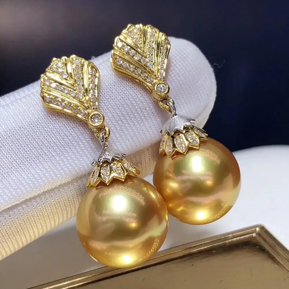 

Fine Jewelry Pure 18 K Gold Natural Philippine Origin 11-12 Ocean Golden Round Pearl Earrings for Women Fine Pearl Earrings