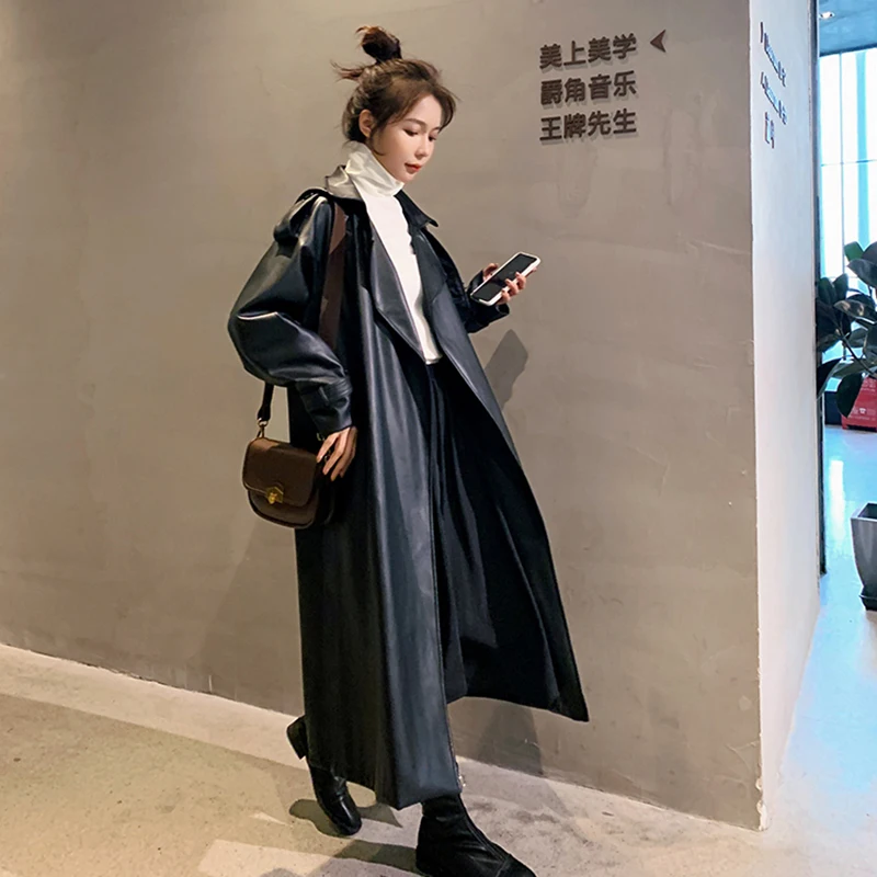 New Long Leather Trench Coat For Women Autumn 2024 Long Sleeve Lapel Loose Fit Stylish Black Female Clothing Streetwear Outerwea