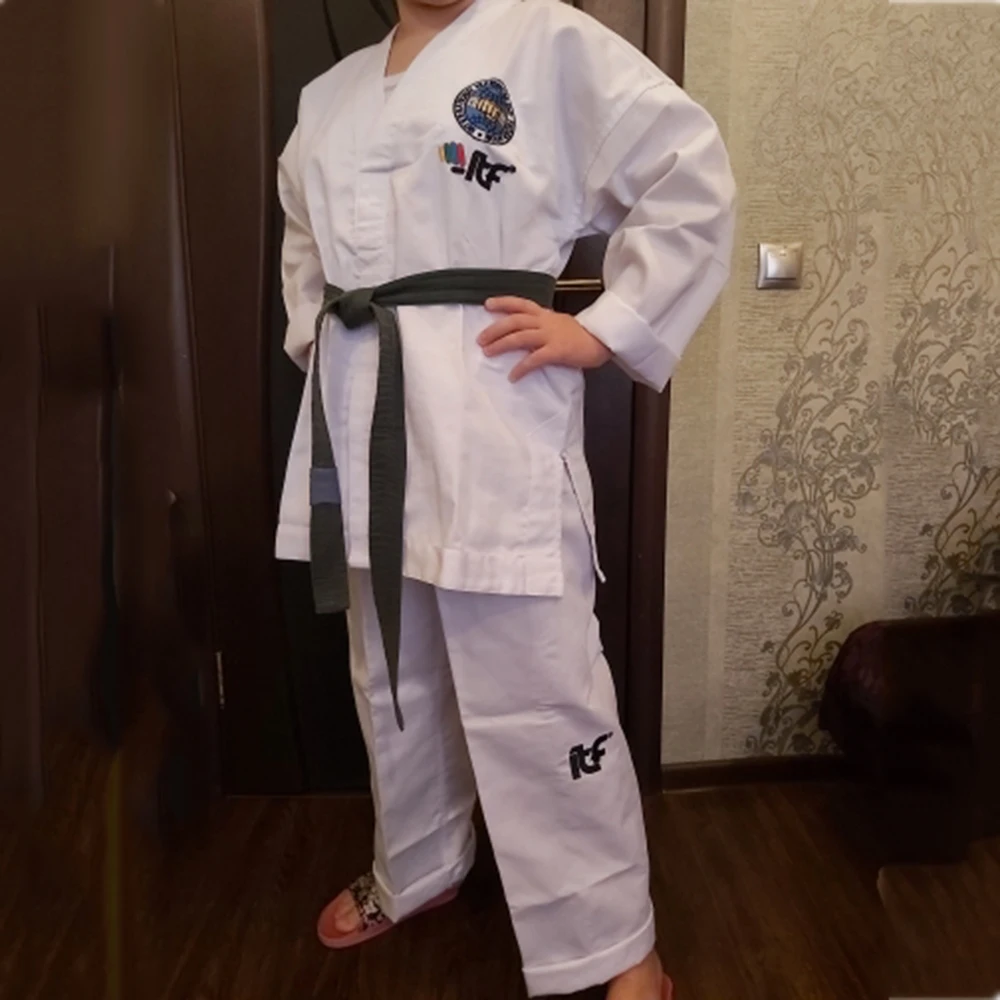 ITF zatwierdzony Taekwondo biały bawełniany Doboks Student z haftem Kimono wzór Taekwondo sztuki walki jednolite dla dorosłych dzieci