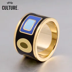 Color Cultur 13mm width Big Rings for Women Geometric Patterns Gold Stainless Steel  Trendy Enamel  Jewelry