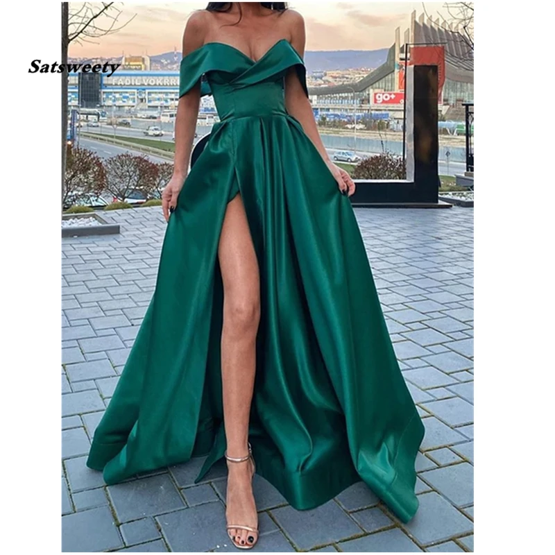 Abiti da sera lunghi in raso verde smeraldo con spalle scoperte e spacco sulle gambe scollo a v lunghezza del pavimento abiti da sera arabi robe de soiree