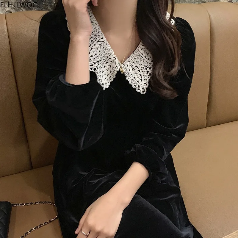 Hot Sales New Design Womens Winter Fashion Frence Style Elegant Office Lady Holow Out Lace Vintage Velvet Black Dress O1717